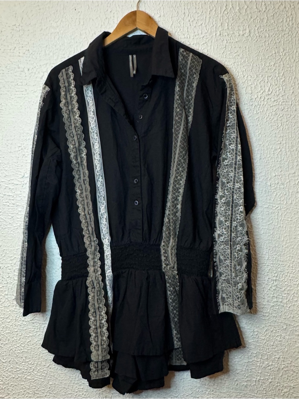 Anthropologie Black Poplin Lace-Trim Skirty Smock Waist Romper